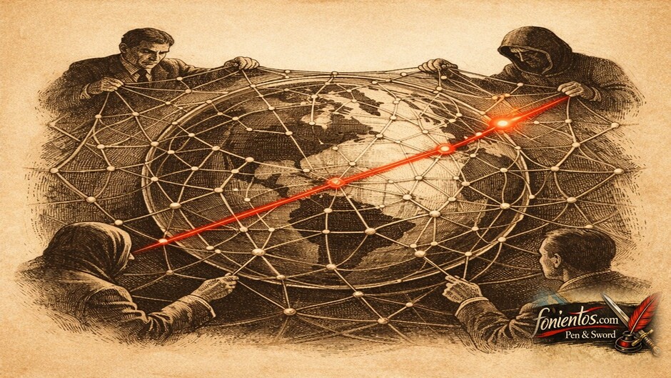 Πολιτικό σκίτσο με παγκόσμιο δίκτυο δεδομένων που καλύπτει τη γη και συμβολίζει την ψηφιακή κατασκοπεία