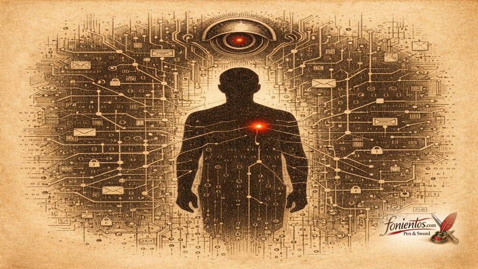 Πολιτικό σκίτσο με άνθρωπο περικυκλωμένο από δεδομένα που συμβολίζει την ψηφιακή παρακολούθηση