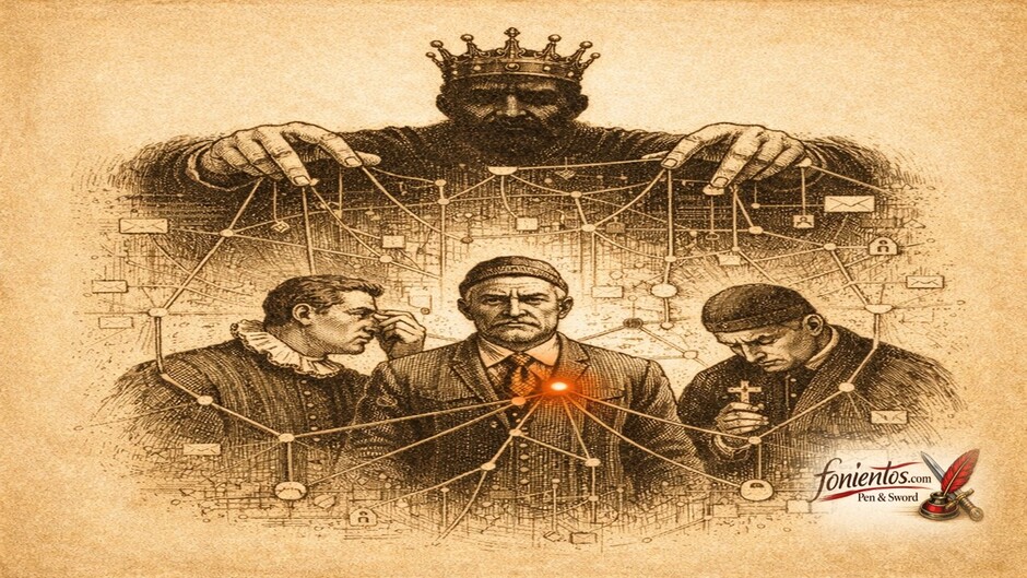 Πολιτικό σκίτσο με εξουσία που ελέγχει ανθρώπους μέσω δικτύου πληροφορίας