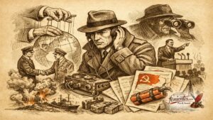 Σκίτσο κατασκοπείας ως κρατικό όπλο με πράκτορα που παρακολουθεί και επηρεάζει παγκόσμια γεγονότα