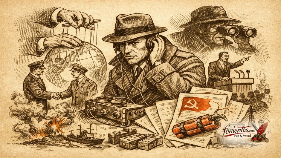 Σκίτσο κατασκοπείας ως κρατικό όπλο με πράκτορα που παρακολουθεί και επηρεάζει παγκόσμια γεγονότα