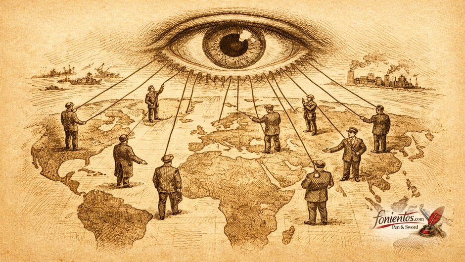 Σκίτσο κατασκοπείας με τεράστιο μάτι επιτήρησης που ελέγχει πολιτικούς πάνω σε παγκόσμιο χάρτη