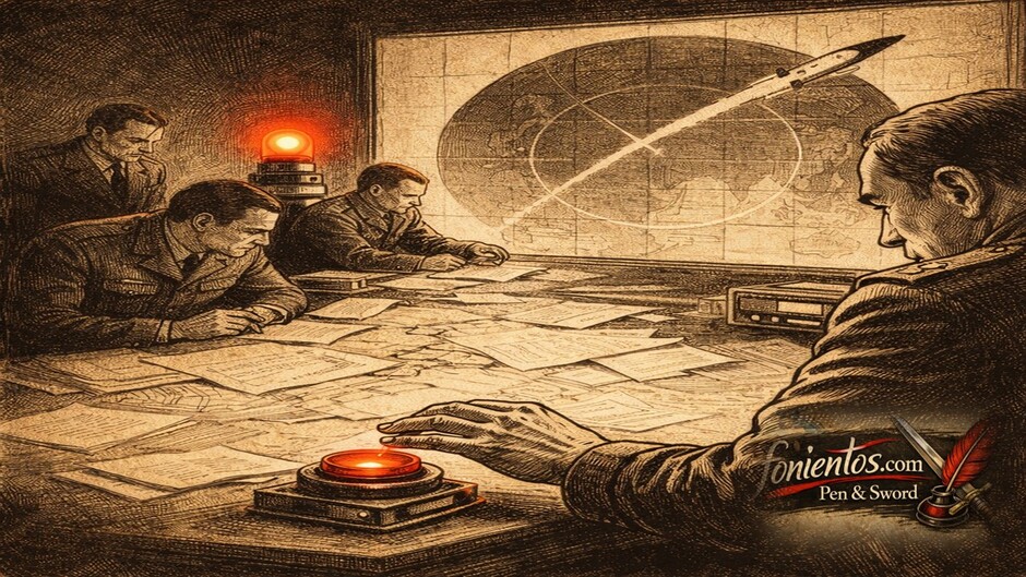 Πολιτικό σκίτσο με αίθουσα επιχειρήσεων όπου αξιωματούχος διστάζει να πατήσει κουμπί πυρηνικής εκτόξευσης βασισμένος σε πληροφορίες