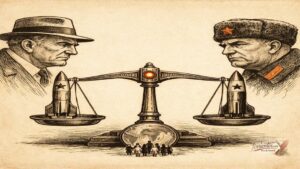 Πολιτικό σκίτσο με ζυγαριά ισορροπίας μεταξύ δύο πυρηνικών πυραύλων που συμβολίζει την αποτροπή στον Ψυχρό Πόλεμο