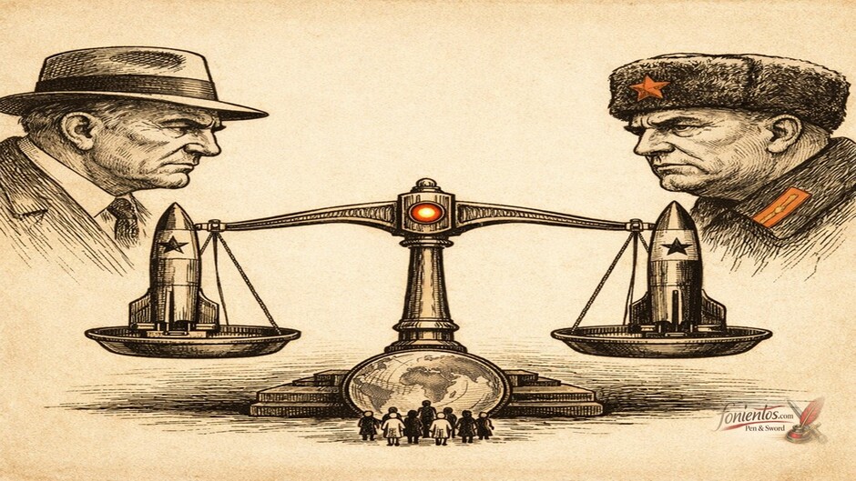 Πολιτικό σκίτσο με ζυγαριά ισορροπίας μεταξύ δύο πυρηνικών πυραύλων που συμβολίζει την αποτροπή στον Ψυχρό Πόλεμο
