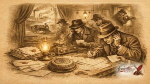 Σκίτσο 19ου αιώνα με πράκτορες που αποκωδικοποιούν πληροφορίες και χρησιμοποιούν τηλέγραφο