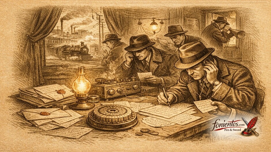 Σκίτσο 19ου αιώνα με πράκτορες που αποκωδικοποιούν πληροφορίες και χρησιμοποιούν τηλέγραφο