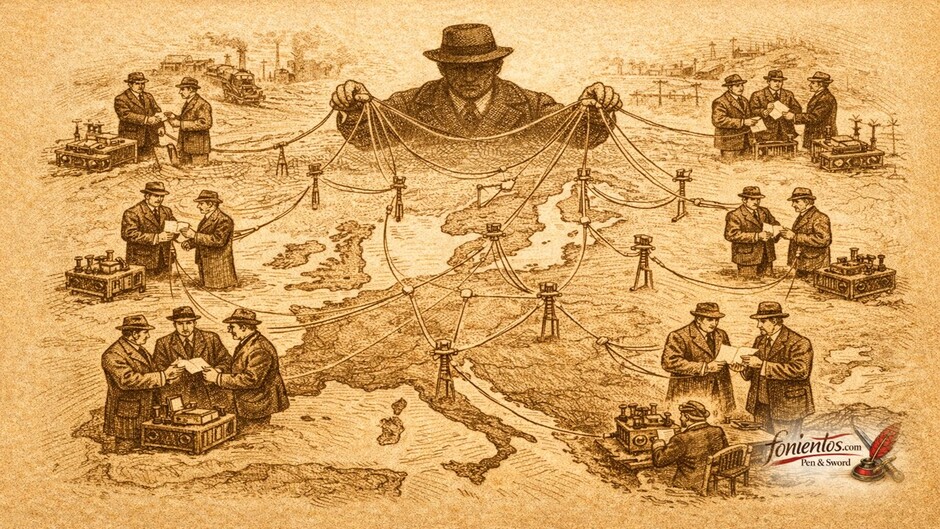 Σκίτσο δικτύου κατασκοπείας με τηλεγραφικές γραμμές που συνδέουν πόλεις και πράκτορες