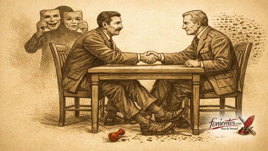 Δύο άνδρες σε μυστική συνάντηση με συμβολισμό διπλών πρακτόρων στον Α Παγκόσμιο Πόλεμο
