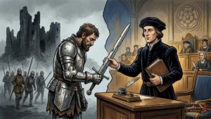 Ένας μεσαιωνικός ιππότης παραδίδει το σπαθί του σε έναν τεχνοκράτη των Τυδώρ.