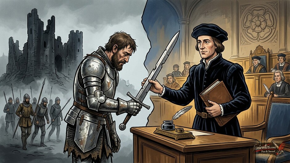 Ένας μεσαιωνικός ιππότης παραδίδει το σπαθί του σε έναν τεχνοκράτη των Τυδώρ.