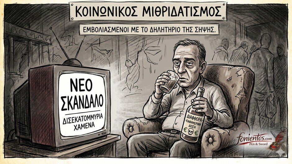 Σκίτσο ενός πολίτη που πίνει από ένα ποτήρι με την ένδειξη «Διαφθορά», αποκτώντας ανοσία.