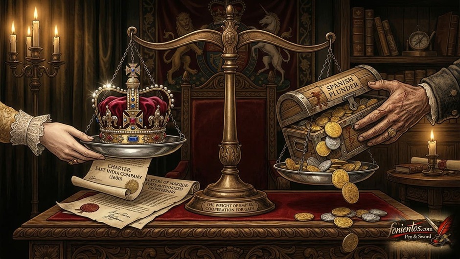 Ζυγαριά με βρετανικό στέμμα και χρυσά νομίσματα από πειρατικό σεντούκι.