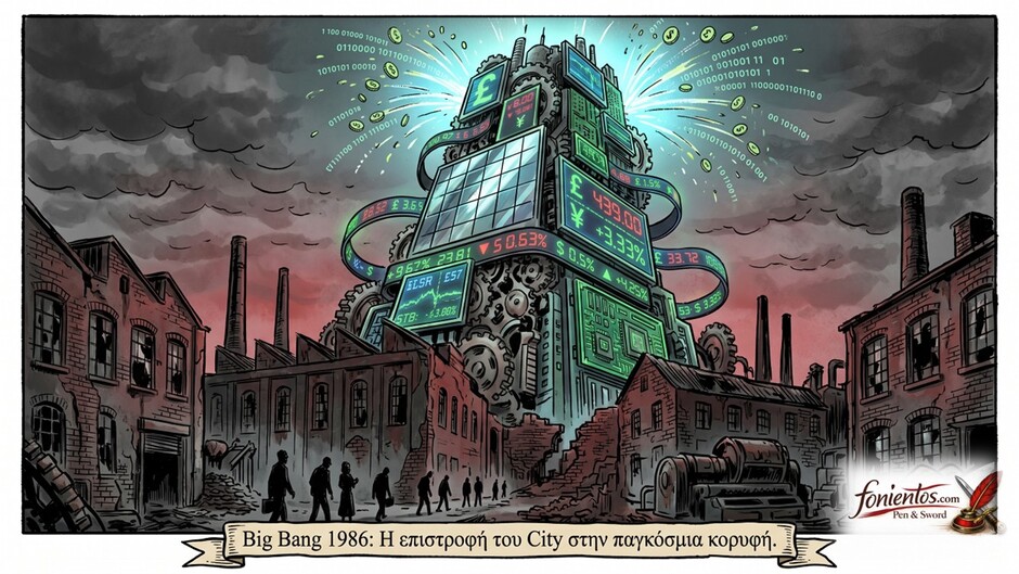 Σκίτσο με το City του Λονδίνου ως γιγάντιο μηχάνημα χρηματιστηρίου πάνω από ερειπωμένα εργοστάσια.