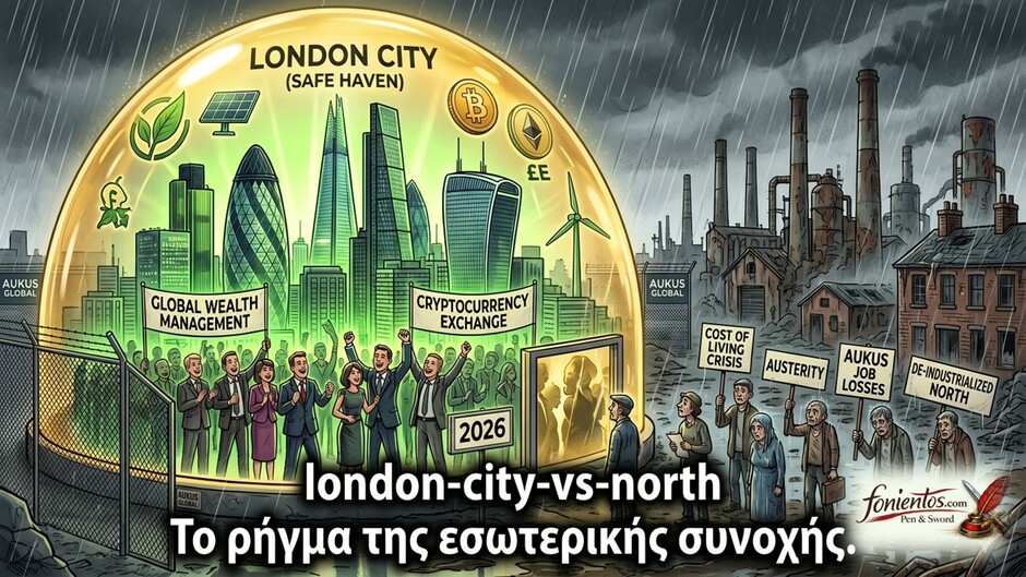 Το λαμπερό City του Λονδίνου κάτω από γυάλινο θόλο, με κλειστά εργοστάσια γύρω του.