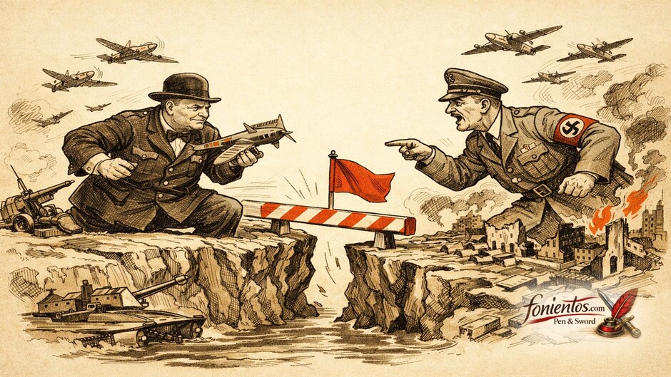 Πολιτικό σκίτσο της Μάχης της Βρετανίας με τον Churchill να αντιστέκεται στη γερμανική επίθεση