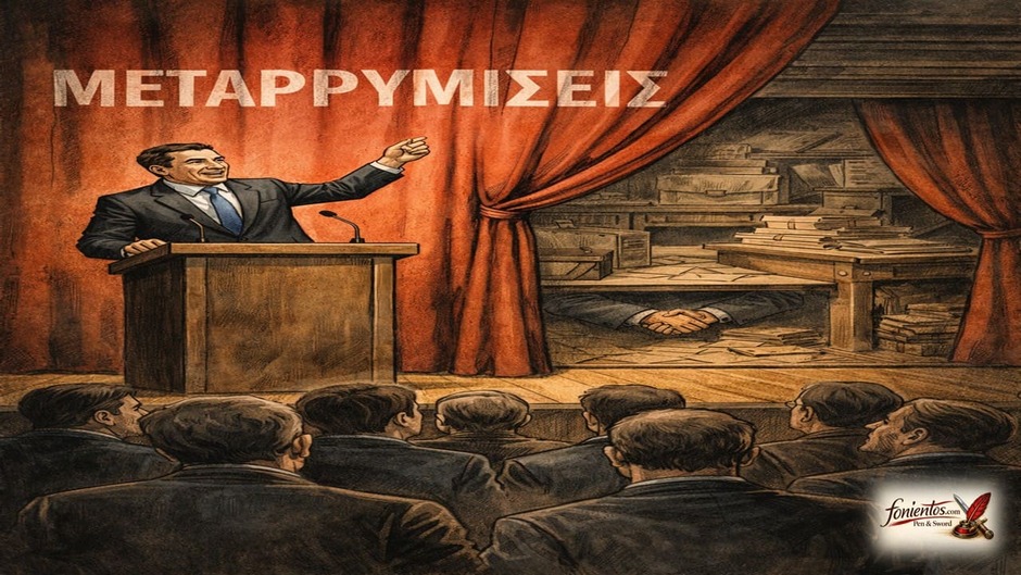 Πολιτικός μπροστά σε σκηνή μεταρρυθμίσεων ενώ πίσω κρύβεται το ίδιο σύστημα