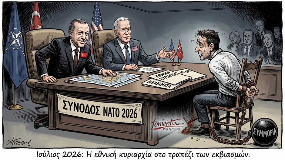 Σύνοδος ΝΑΤΟ 2026 με τον Έλληνα ηγέτη στριμωγμένο και δεμένο σε τραπέζι διαπραγματεύσεων.