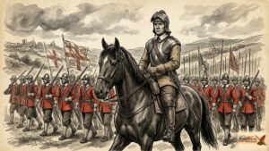 Σκίτσο που απεικονίζει τον Όλιβερ Κρόμγουελ να ηγείται του New Model Army.