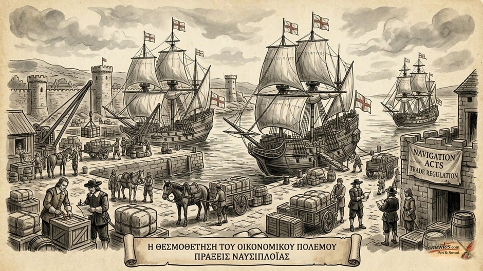 Σκίτσο με βρετανικά εμπορικά πλοία του 17ου αιώνα σε λιμάνι.