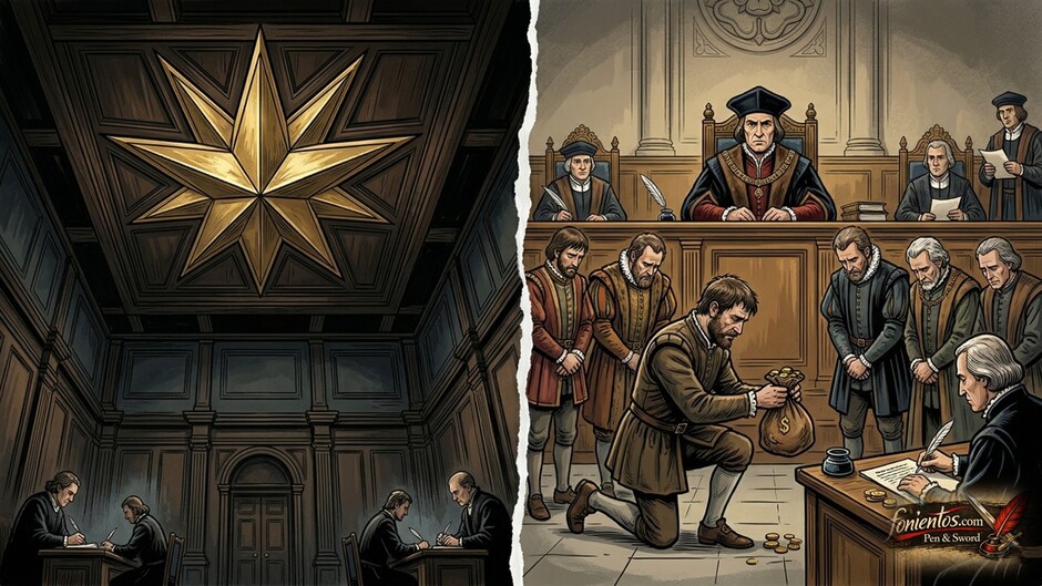 Το Δικαστήριο του Αστερωτού Θαλάμου ο στέμμα ελέγχει τους ευγενείς μέσα από έναν σκοτεινό θάλαμο.