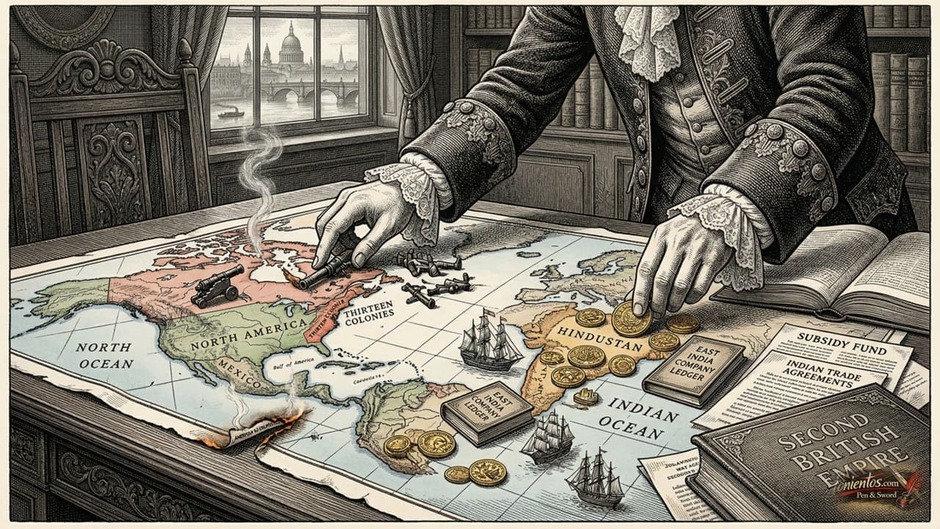 Η βρετανική ελίτ μετακινεί πιόνια από την Αμερική προς την Ινδία πάνω σε έναν παγκόσμιο χάρτη.