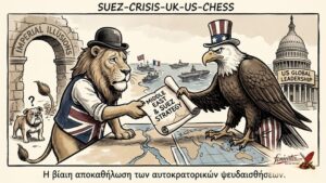 Σκίτσο που δείχνει ένα γερασμένο βρετανικό λιοντάρι να παραδίδει συμβολικά έναν χάρτη της Μέσης Ανατολής σε έναν αμερικανικό αετό.