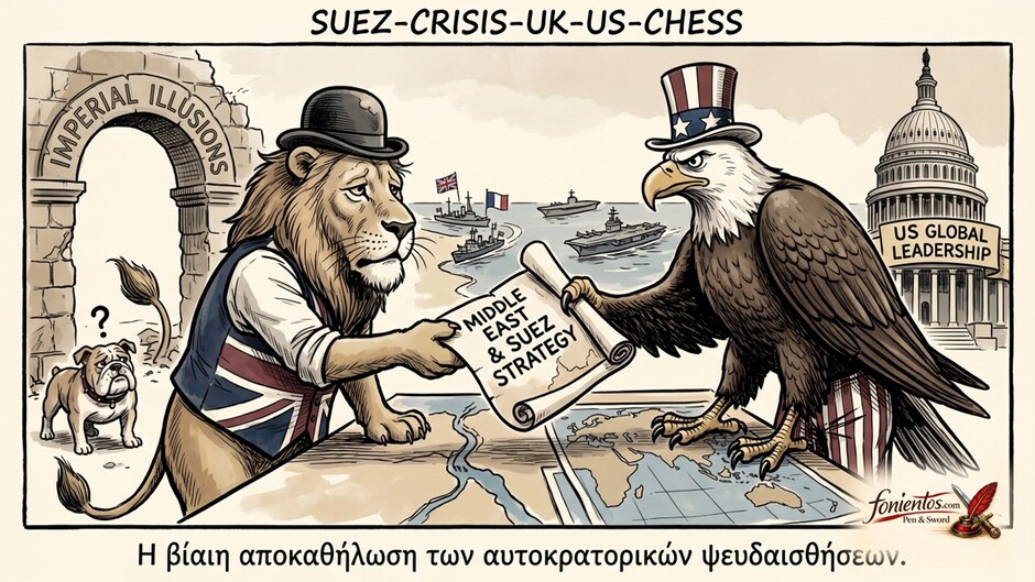 Σκίτσο που δείχνει ένα γερασμένο βρετανικό λιοντάρι να παραδίδει συμβολικά έναν χάρτη της Μέσης Ανατολής σε έναν αμερικανικό αετό.