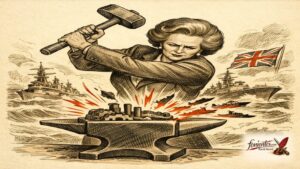 Σκίτσο με τη Μάργκαρετ Θάτσερ να χτυπάει ένα βρετανικό αμόνι ενώ στο βάθος βουλιάζει ένα πλοίο στα Φώκλαντ.