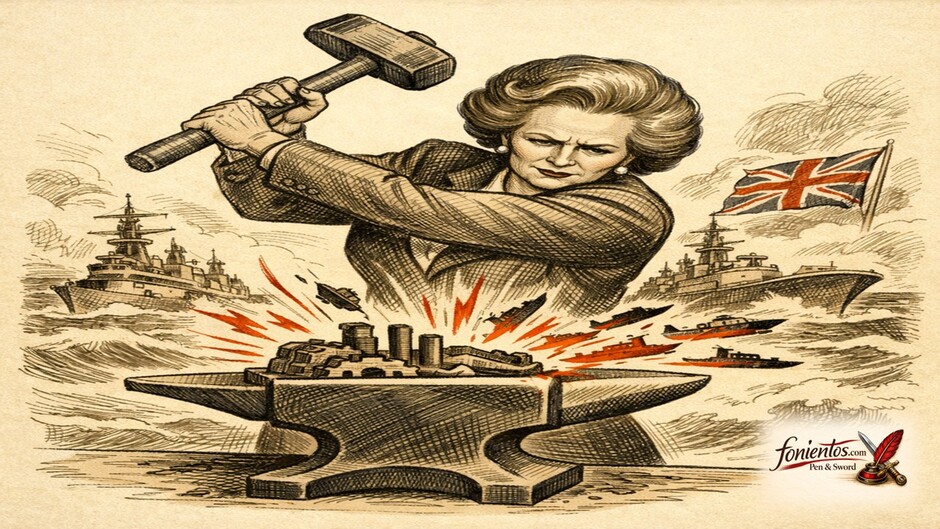 Σκίτσο με τη Μάργκαρετ Θάτσερ να χτυπάει ένα βρετανικό αμόνι ενώ στο βάθος βουλιάζει ένα πλοίο στα Φώκλαντ.