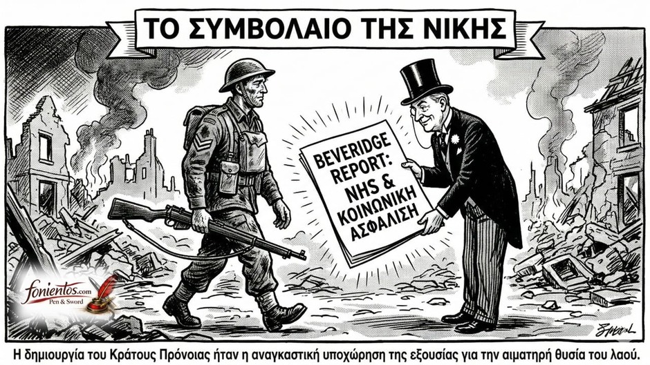 Ένας Βρετανός στρατιώτης επιστρέφει από το μέτωπο και λαμβάνει το έγγραφο του κοινωνικού κράτους.