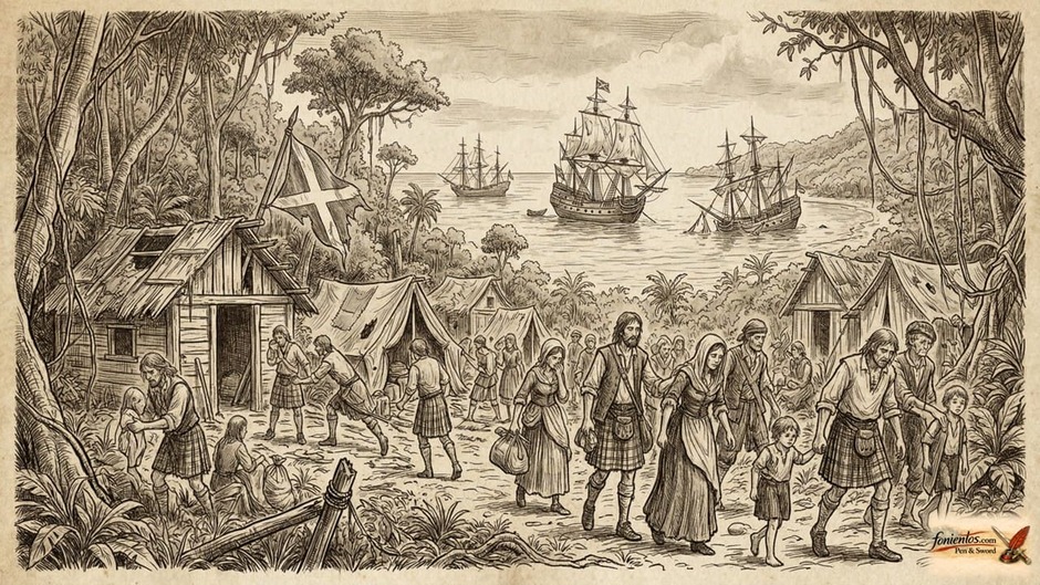 Σκίτσο που δείχνει την εγκατάλειψη της σκωτσέζικης αποικίας του Darien στον Παναμά.