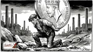 Ένα ασπρόμαυρο σατιρικό σκίτσο που δείχνει έναν εξαντλημένο Βρετανό ανθρακωρύχο να γονατίζει υπό το τεράστιο βάρος ενός χρυσού νομίσματος της λίρας.