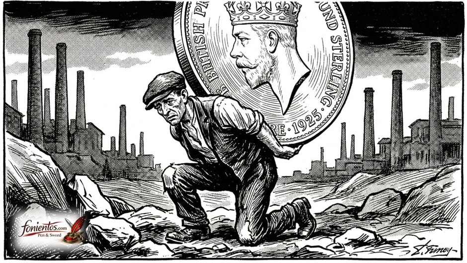 Ένα ασπρόμαυρο σατιρικό σκίτσο που δείχνει έναν εξαντλημένο Βρετανό ανθρακωρύχο να γονατίζει υπό το τεράστιο βάρος ενός χρυσού νομίσματος της λίρας.