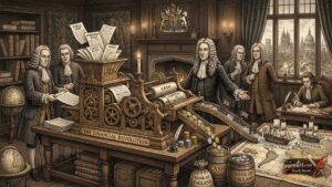 Απεικόνιση της Τράπεζας της Αγγλίας τον 17ο αιώνα ως ένας μηχανισμός παραγωγής χρυσού από χαρτιά.