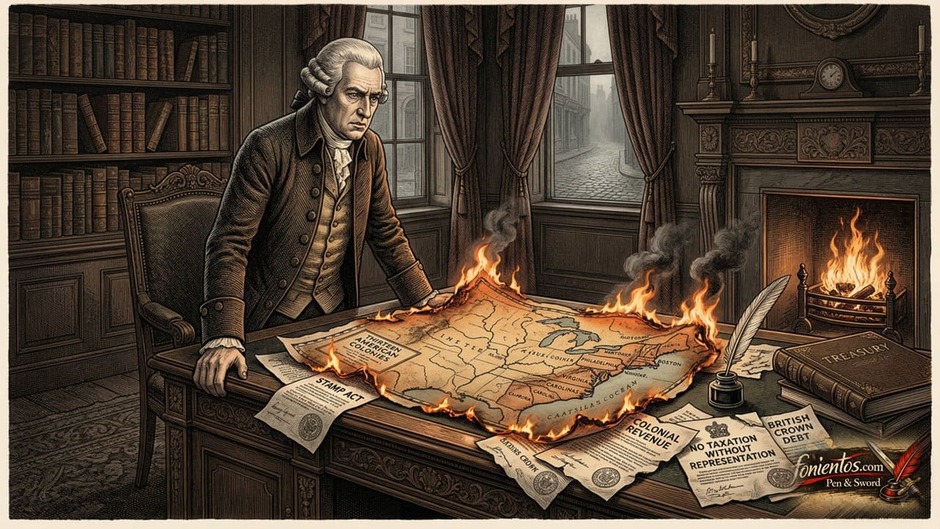 Ένας Βρετανός πολιτικός κοιτάζει έναν χάρτη της Αμερικής που έχει πιάσει φωτιά στις άκρες.