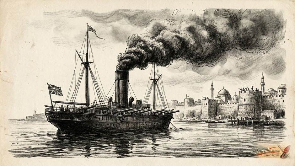 Ένα βρετανικό πολεμικό πλοίο με προτεταμένα κανόνια έξω από ένα ξένο λιμάνι.