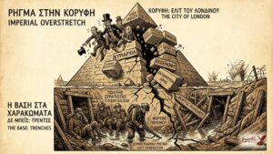 Βρετανοί στρατιώτες στα χαρακώματα κάτω από μια πυραμίδα που καταρρέει.