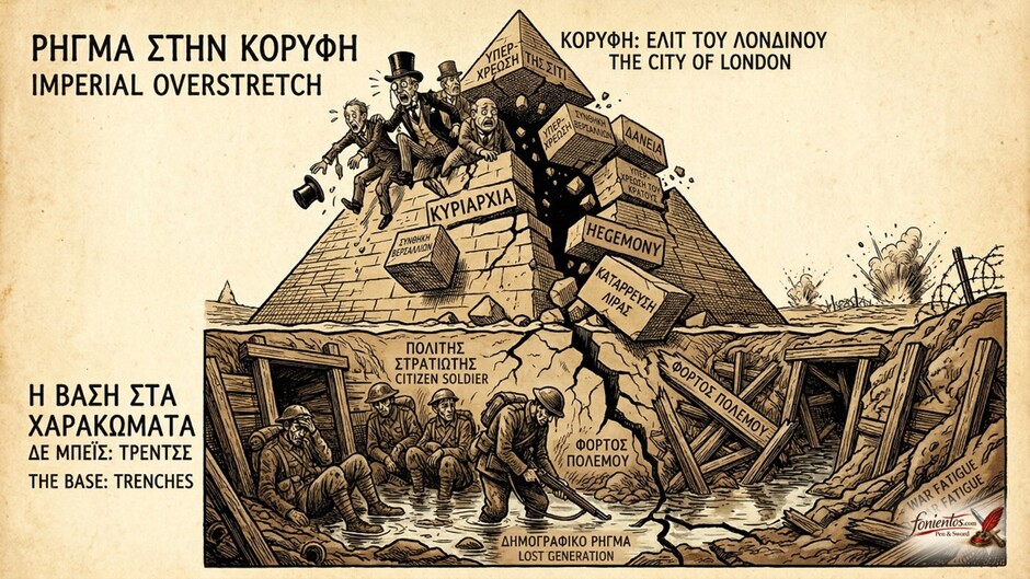 Βρετανοί στρατιώτες στα χαρακώματα κάτω από μια πυραμίδα που καταρρέει.