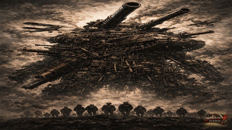 Γιγαντιαία πολεμική μηχανή πάνω από μικρούς ανθρώπους στον Α Παγκόσμιο Πόλεμο