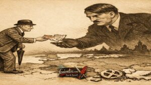 Πολιτικό σκίτσο για την πολιτική κατευνασμού με Ευρωπαίο ηγέτη που παραχωρεί έδαφος στη ναζιστική Γερμανία