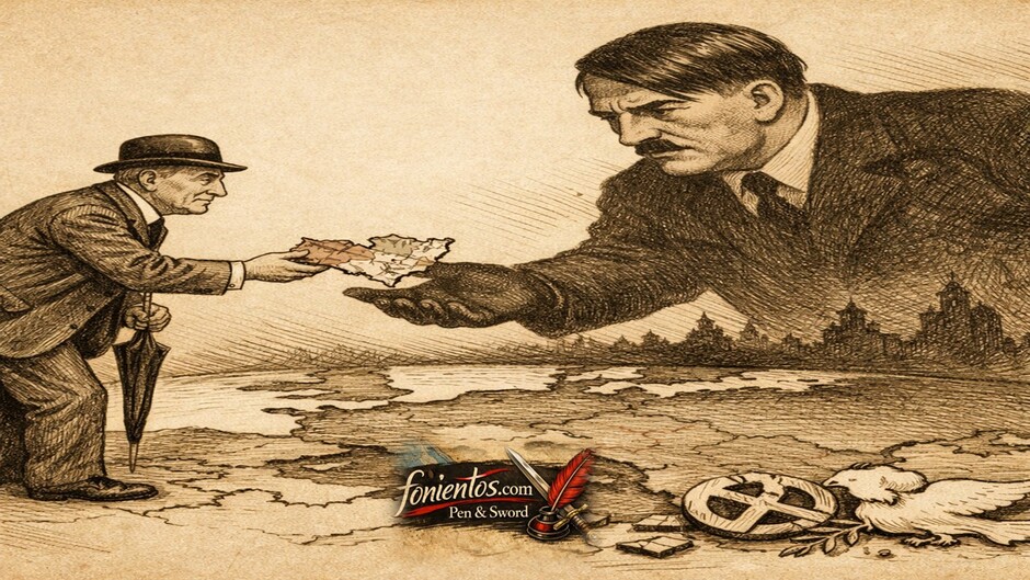 Πολιτικό σκίτσο για την πολιτική κατευνασμού με Ευρωπαίο ηγέτη που παραχωρεί έδαφος στη ναζιστική Γερμανία