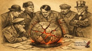 Πολιτικό σκίτσο με ηγέτες πριν τον Β Παγκόσμιο Πόλεμο να κοιτούν μια ραγισμένη υδρόγειο που εκπέμπει κόκκινο φως