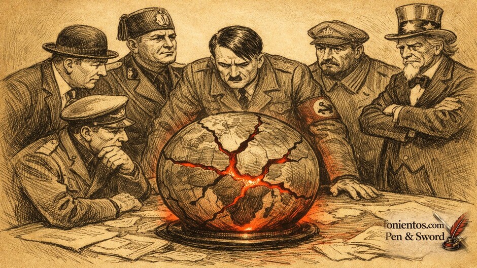 Πολιτικό σκίτσο με ηγέτες πριν τον Β Παγκόσμιο Πόλεμο να κοιτούν μια ραγισμένη υδρόγειο που εκπέμπει κόκκινο φως