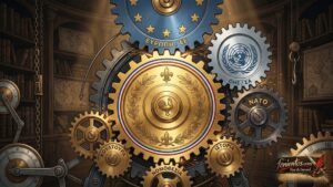 Ένα μεγάλο χρυσό γρανάζι με τη γαλλική σημαία να κινεί έναν περίπλοκο παγκόσμιο μηχανισμό.