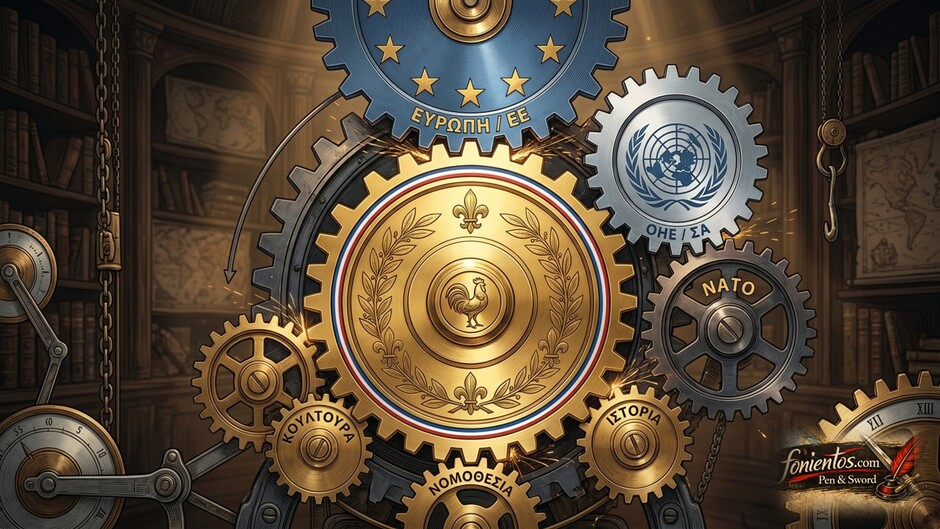 Ένα μεγάλο χρυσό γρανάζι με τη γαλλική σημαία να κινεί έναν περίπλοκο παγκόσμιο μηχανισμό.