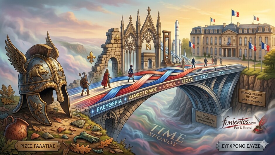 Μια γέφυρα που ενώνει ένα αρχαίο γαλατικό κράνος με το σύγχρονο προεδρικό μέγαρο των Ηλυσίων.