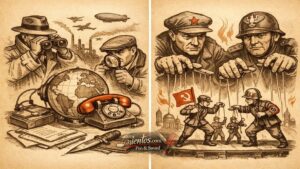 Σκίτσο κατασκοπείας στον Μεσοπόλεμο με πράκτορες που παρακολουθούν τον κόσμο και δίκτυα πληροφοριών