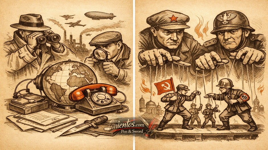 Σκίτσο κατασκοπείας στον Μεσοπόλεμο με πράκτορες που παρακολουθούν τον κόσμο και δίκτυα πληροφοριών