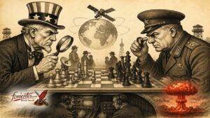Πολιτικό σκίτσο Ψυχρού Πολέμου με σκακιέρα και κατασκοπεία μεταξύ υπερδυνάμεων
